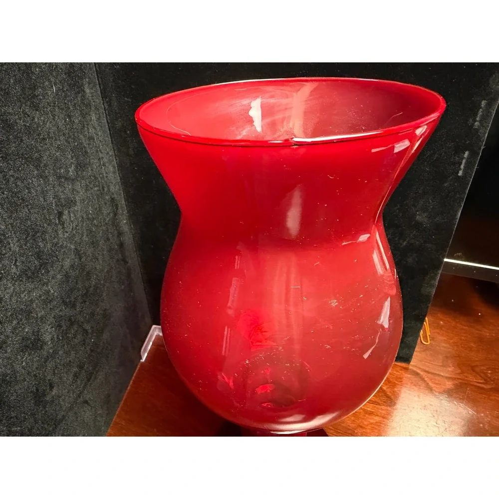 Vintage Ruby Red Glass Hurricane‎ Vase Footed Pedestal Centerpiece Flared Rim